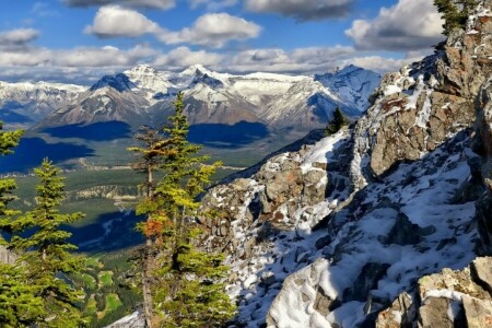 clouds, mountains, photo, rocks, snow, the sky, trees