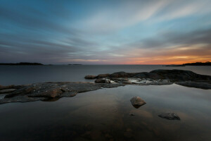 Bahía, amanecer, mar, piedras