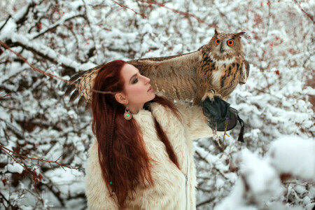 braids, girl, owl, red, winter