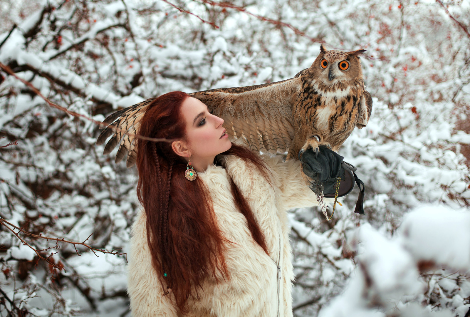 girl, winter, braids, red, owl