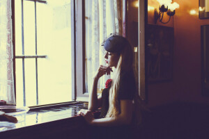 blonde, girl, pose, room, window