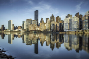 edificio, East River, New York, New York City, riflessione, Roosevelt Island, grattacieli, Stretto