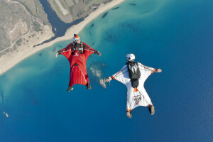 beach, boat, camera, helmet, Parachute, Pilots, river, wingsuit