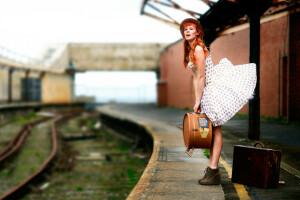 dress, girl, rails, suitcase, the platform, the wind