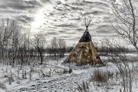 clouds, sky, snow, tepee, trees, winter