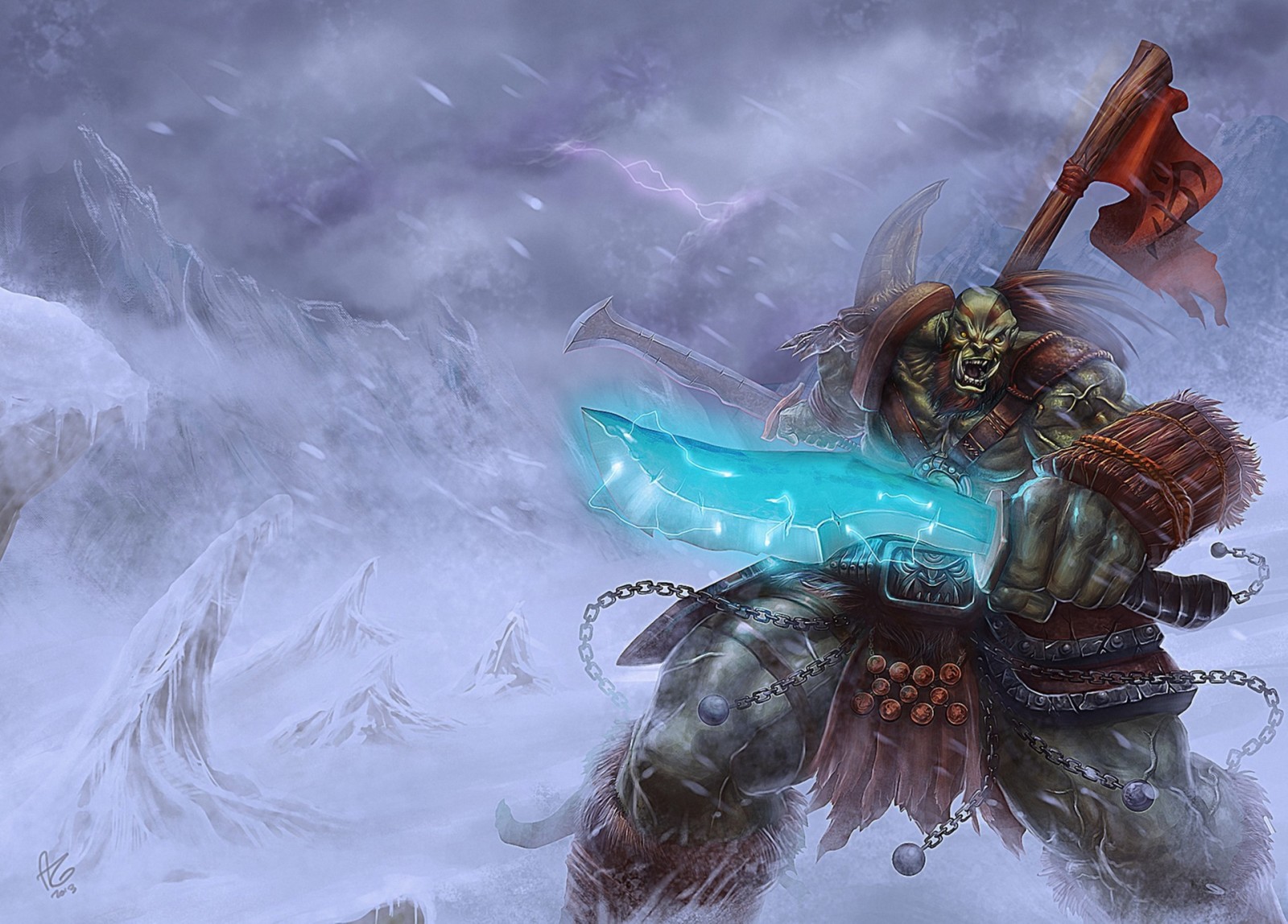 neige, épée, World of Warcraft, Orc, bannière, orcs, SENSATIONNEL