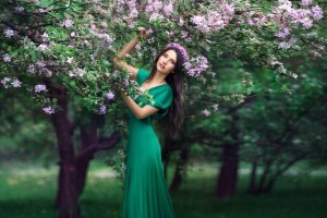 brunette, dress, flowering, spring, tree, wreath