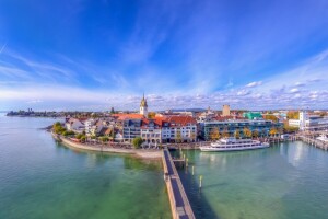 Baden-Württemberg, ponte, edificio, Friedrichshafen, Germania, lago, Lago di Costanza, lungomare