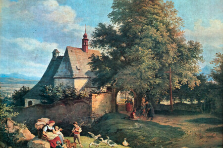 Adrian Ludwig Richter, kinderen, ganzen, genre, landschap, parochianen, mensen, afbeelding