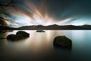 lago, paesaggio, natura, pietre, crepuscolo