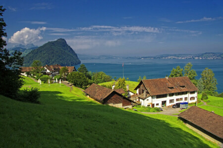 Gersau, home, lake, Lake Lucerne, mountains, shore, slope, Switzerland