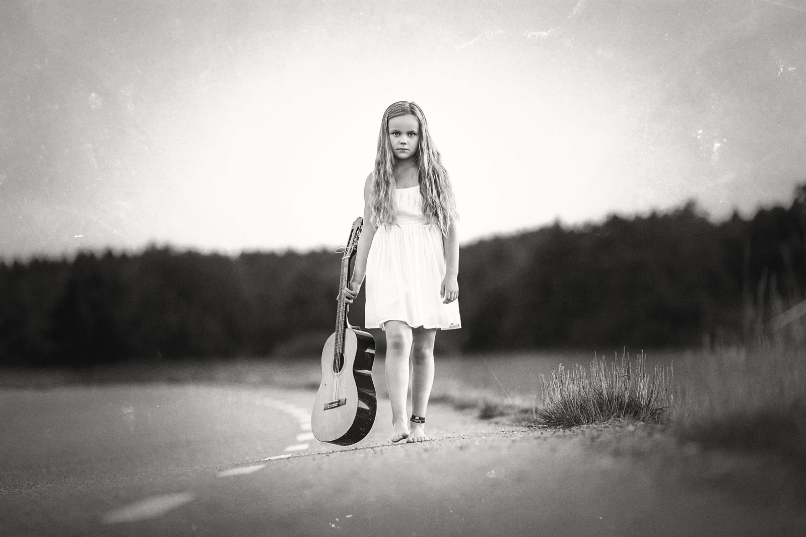 girl, road, guitar