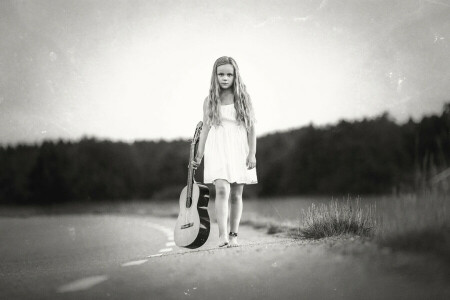 menina, guitarra, estrada