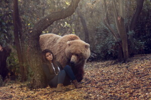 orso, foresta, ragazza