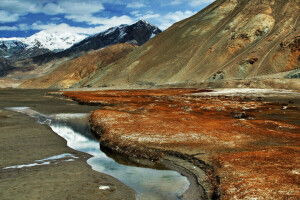 skyer, fjellene, Pamir, elv, himmelen