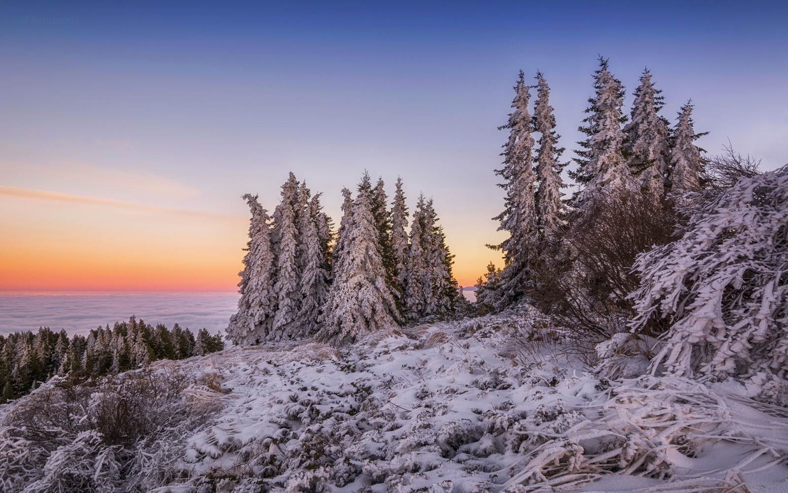 snø, vinter, morgen, skyer, fjellene, soloppgang, spiste, topp