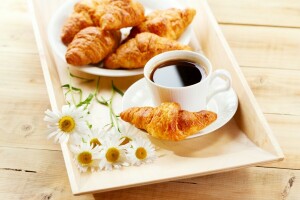 breakfast, chamomile, coffee, croissants, flowers