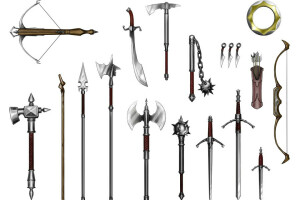 bow and arrows, Crossbow, flail, halberds, long sword, Mace, Quiver, scimitar