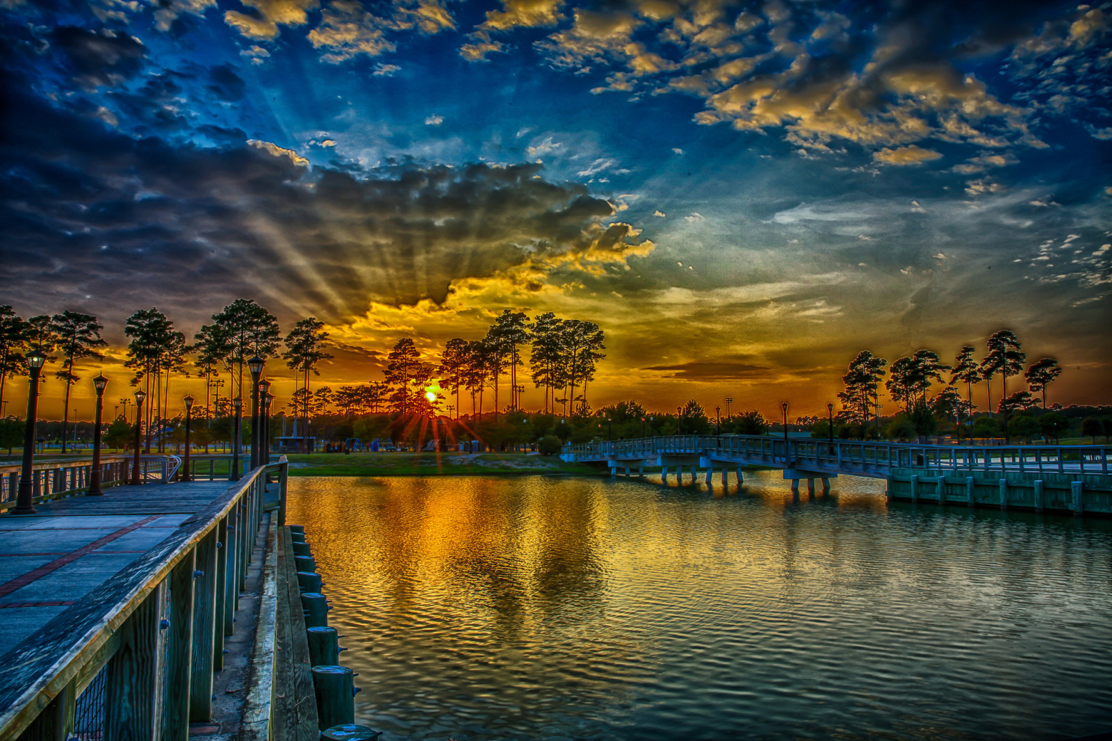 Park, the sky, trees, clouds, Bridge, pond