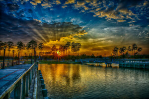 Brug, wolken, Park, vijver, de lucht, bomen