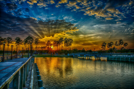 Bridge, clouds, Park, pond, the sky, trees