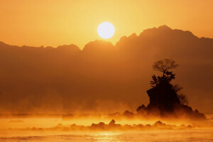 fog, Japan, Lake Yamanaka, mountains, rock, stones, the sun, trees