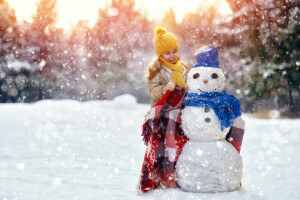 niño, niña, sombrero, tartán, bufanda, monigote de nieve, invierno