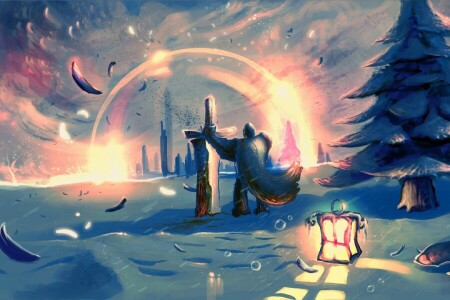 art, feathers, lantern, snow, sword, warrior