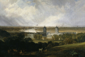 animales, castillo, paisaje, Londres desde Greenwich Park, Parque, imagen, arboles, William Turner