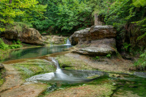 Cascade, forêt, rochers, des pierres, courant