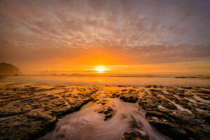 clouds, mountains, rocks, sea, shore, stones, sunset, the sky