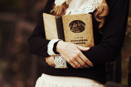 blouse, book, braids, Emile Zola, girl, ring, skirt