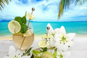 beach, cocktail, drink, flowers, fresh, fruit, palms, summer