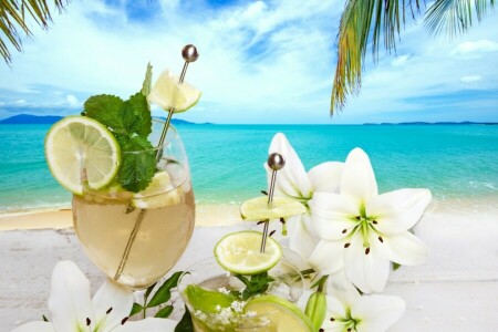 Strand, Cocktail, trinken, Blumen, frisch, Obst, Palmen, Sommer-