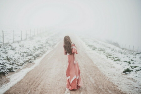 brouillard, fille, modèle, portrait, neige, Femme