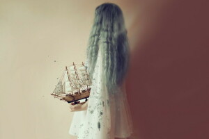 fundo, barco, menina