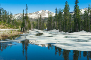 hielo, lago, montañas, nieve, el cielo, arboles