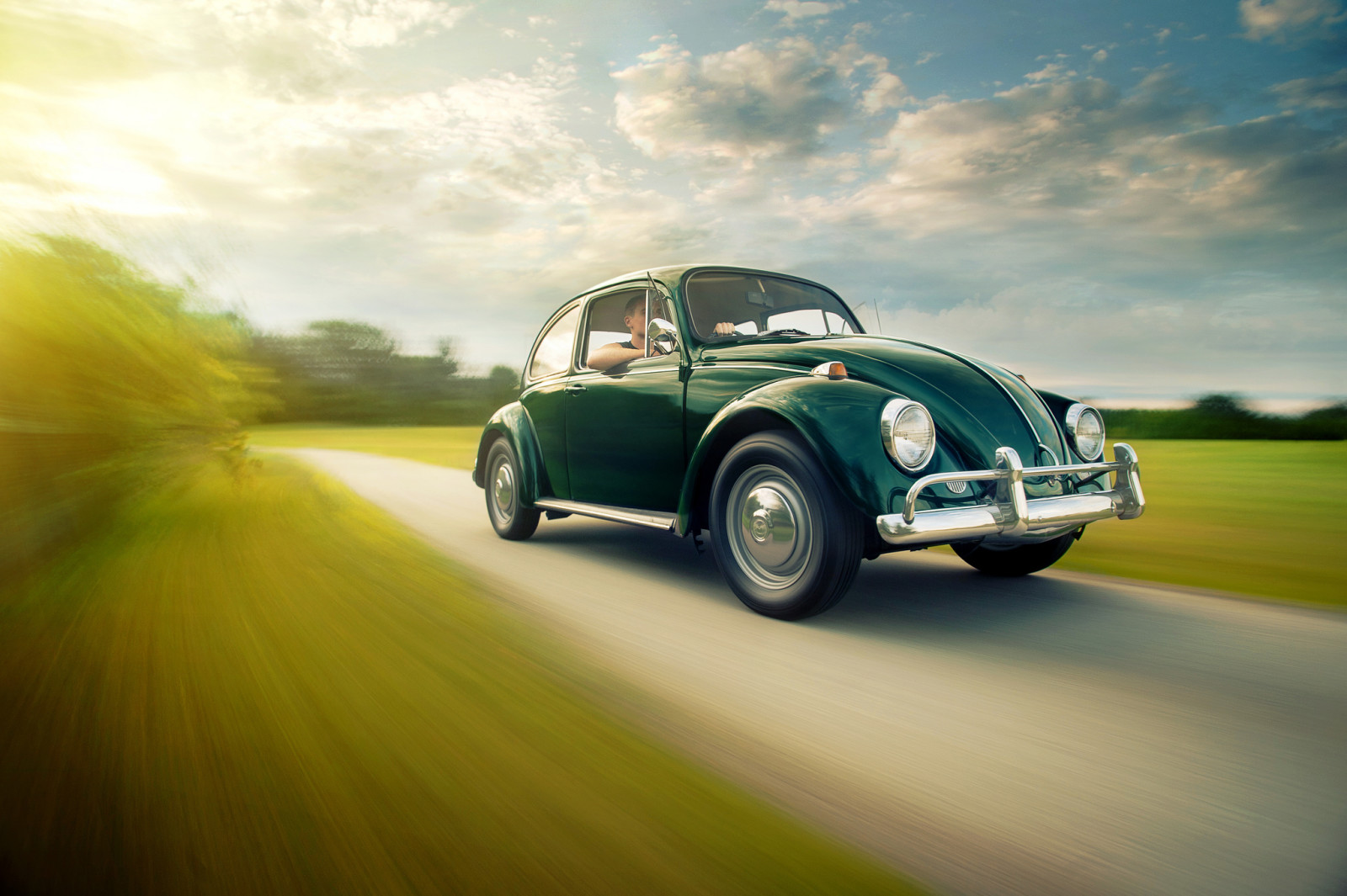 el cielo, la carretera, luces, campo, nubes, el sol, Volkswagen, rueda