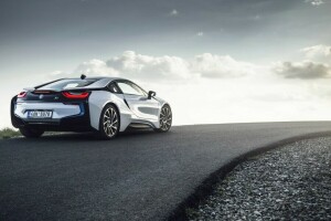 back, BMW i8, clouds, road, the sun, wheel