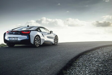 costas, BMW i8, nuvens, estrada, o sol, roda