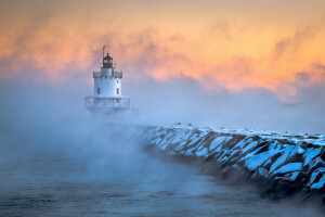 Aube, gel, Phare, Maine, Matin, transpercer, South Portland