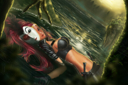 art, forest, girl, Katarina, League of Legends, lies, look, mask