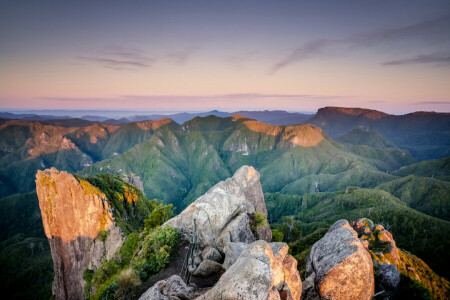 nuvole, verdura, paesaggio, montagne, natura, pietre, Visualizza