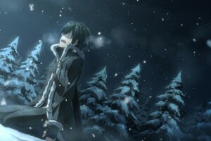 anime, art, gars, Kirigaya Kazuto, la nature, nuit, neige, épicéa