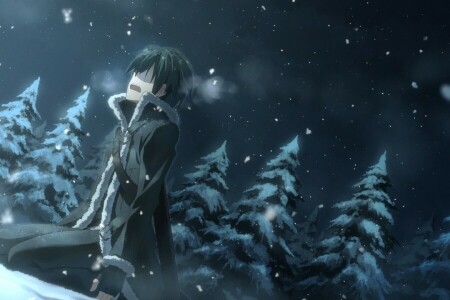 anime, Arte, chico, Kirigaya Kazuto, naturaleza, noche, nieve, abeto