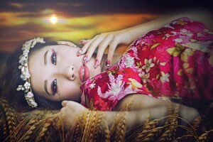 asiatique, oreilles, Regardez, maquillage, manucure, Photoshop