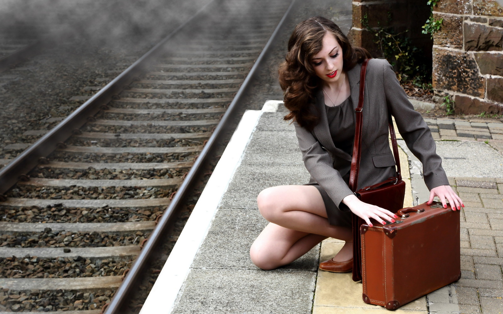 girl, railroad, suitcase