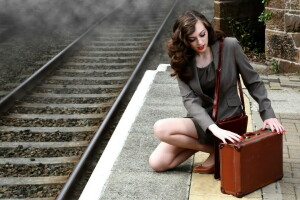 girl, railroad, suitcase