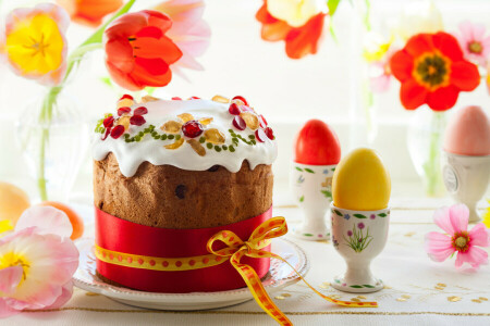 gâteau, confit, Pâques, des œufs, fleurs, tulipes