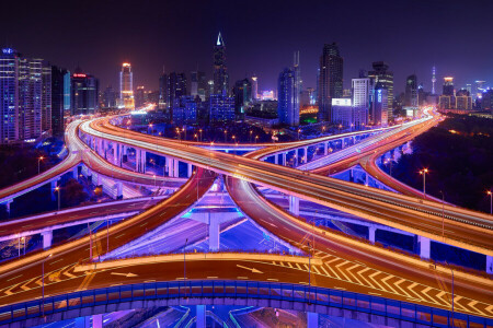 des ponts, Chine, extrait, lumière, lumières, nuit, route, Shanghai